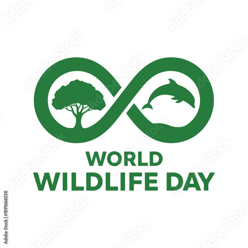 World Wildlife Day green vector logo with infinity symbol, tree, dolphin, and conservation theme