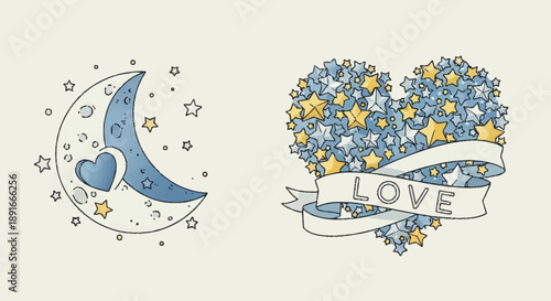 Whimsical Hand Drawn Moon and Heart Illustrations with Love Theme.