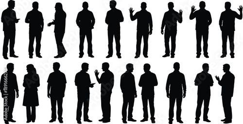 Black silhouettes of people standing and gesturing silhouettes, people, standing, gesturing, black, white background, business casual, various poses, communication, meetings, presentations, teamwork, 
