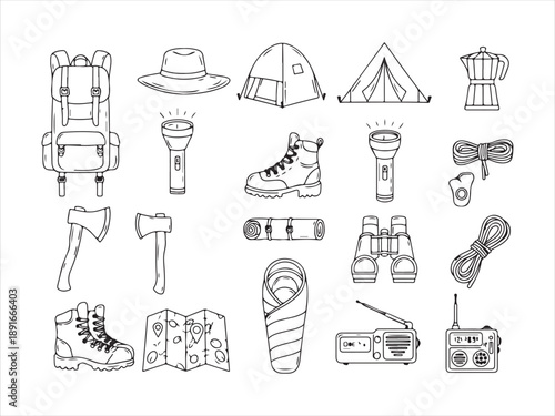 Camping and hiking line icons set including backpack hat tent coffee maker axe boots flashlight sleeping bag map radio and other outdoor gear for adventure and travel