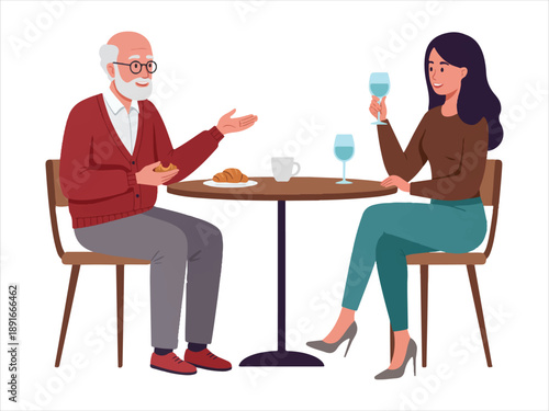 Cartoon old man and young woman sitting at a table with food and drinks chatting  happy elderly person and adult having conversation over breakfast  smiling people enjoying meal together