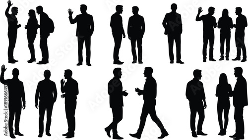 Black silhouettes of people talking and gesturing white background silhouettes, people, black, white background, talking, gesturing, standing, walking, waving, business attire, casual clothes, men, wo