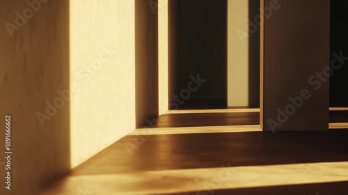 Abstract architectural hallway creating a repeating pattern of warm light and deep shadow on the walls and floor, conveying a sense of progression and modern design