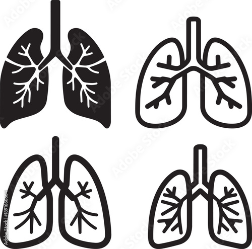 Detailed human lungs anatomy illustration set vector medical health respiratory system organs black white diagram
