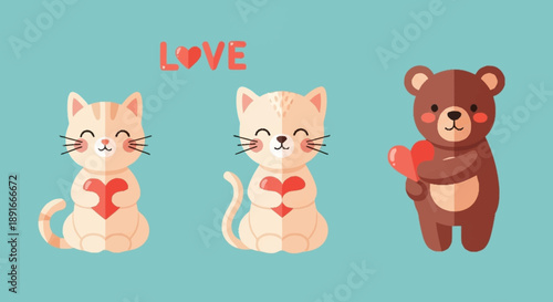 Cute cartoon cats and teddy bear with love hearts on blue background.