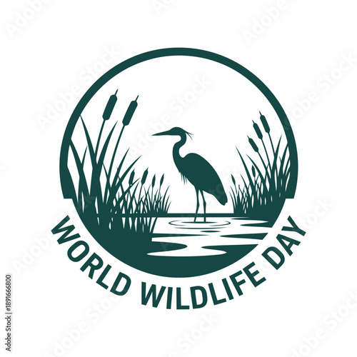 World Wildlife Day vector illustration with heron, wetland plants, and nature conservation emblem