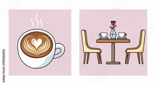 Coffee cup with heart design and romantic dinner setup illustration.
