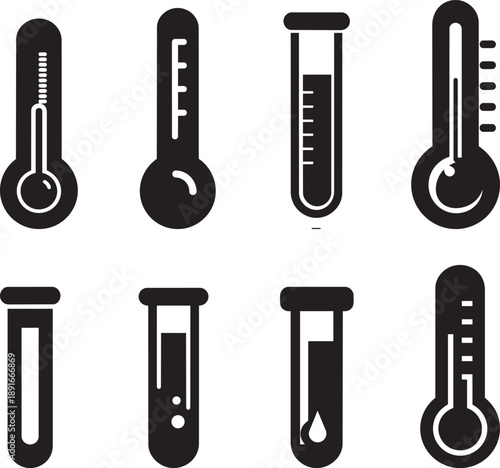 Set of eight black and white thermometers isolated on white background medical temperature measurement tools vector illustration
