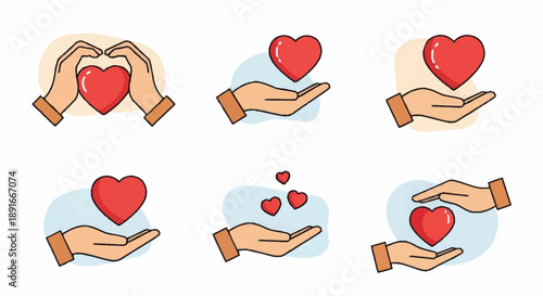 Hand holding heart illustrations set with various gestures.