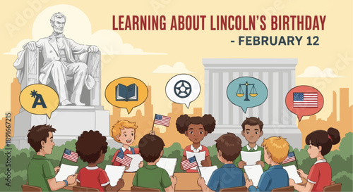 Children learning about abraham lincoln's birthday with colorful symbols and icons on february 12th in a park setting
