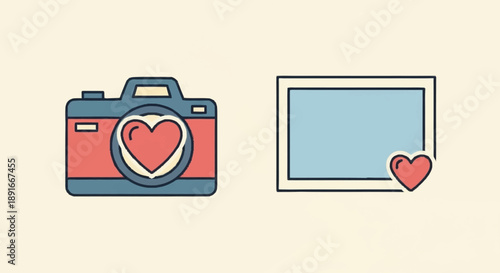 Illustration of camera and picture frame with hearts.
