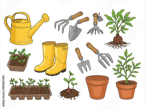 Gardening tools and plants with pots and boots for planting and growth  essential gardening equipment for nurturing young seedlings and mature plants