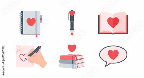 Collection of Heart-Shaped Stationery and Writing Elements.