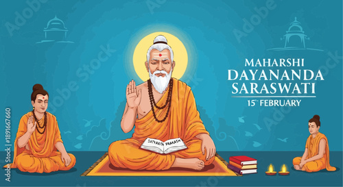 Maharshi dayananda saraswati illustration with disciples in orange robes meditating on blue background with sacred texts and symbols