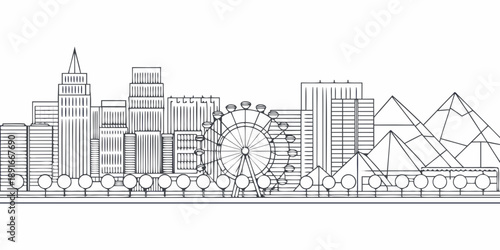 Linear cityscape drawing featuring a ferris wheel and modern buildings