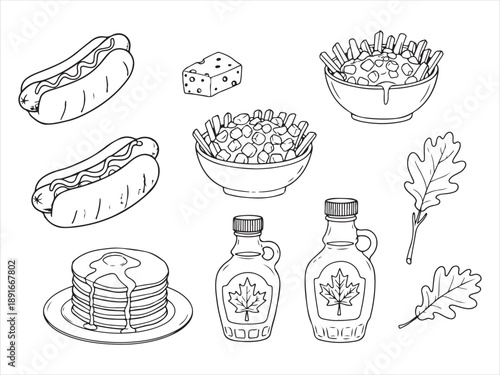 Illustrations of various breakfast foods and ingredients including hotdogs pancakes fries cheese and syrup