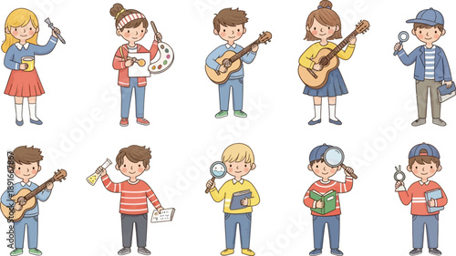 People and Children Exploring Science and Creativity, Hand Drawn Illustration Set