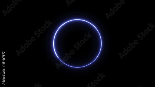 Neon blue light circle animation on dark black background, glowing futuristic loop, abstract modern motion graphic design element.
