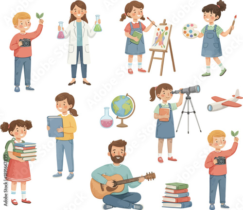 People and Children Exploring Science and Creativity, Hand Drawn Illustration Set