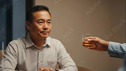 Asian man refusing a drink with a gesture of refusal