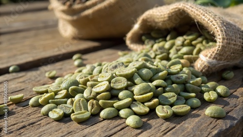 Green Coffee Beans Spilled from Burlap Sacks on Rustic Tabletop