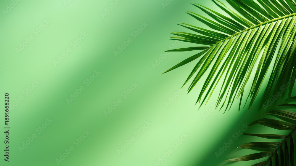 Obraz premium Lush green palm leaves create vibrant tropical atmosphere against soft green background, evoking sense of relaxation and nature beauty