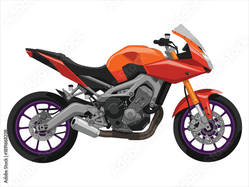 Orange motorcycle with black seat and purple rims isolated on white background