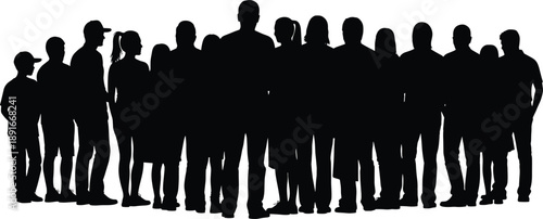 Black silhouettes of people standing in a group silhouettes, people, group, standing, black, white background, crowd, anonymous, faceless, diverse, casual, clothing, shoes, hats, ponytail, white, back