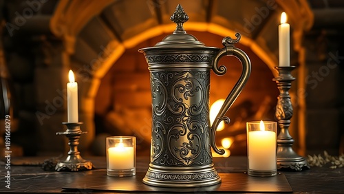 flagon. A medieval silver wine flagon with intricate carvings, illuminated by candlelight against a stone fireplace. bar promotions.