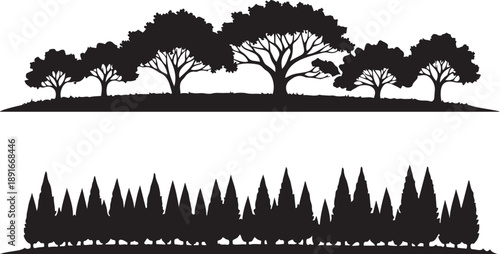 Black Silhouette Landscape of Trees and Evergreen Forest on White Background black and white