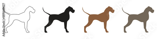 Diverse dog silhouette set featuring outline, black, brown, and grey color variations