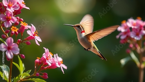regress. A hummingbird in motion among vibrant flowers, wings blurred against a soft background. wildlife magazines, conservation campaigns, designed for wildlife conservation campaigns.