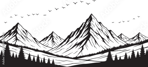 Mountain Range Landscape with Birds and Pine Trees Silhouette Keywords: mountain, range, landscape