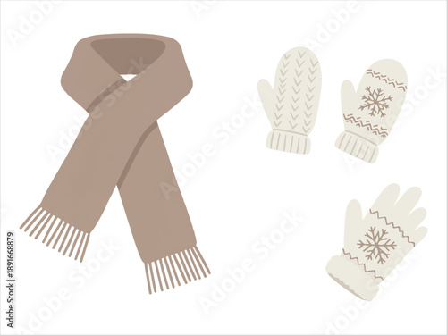 Winter clothing accessories scarf and mittens in beige and cream colors for cold weather