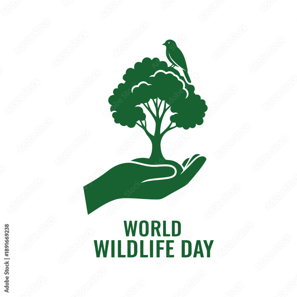 Obraz premium World Wildlife Day vector illustration with hand holding tree and bird for conservation concept