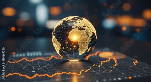 Global financial market data visualization: glowing Earth, stock charts, bokeh, digital trends