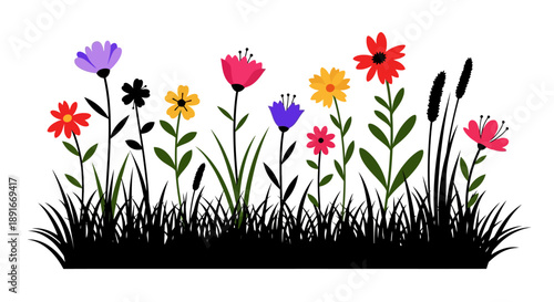 A colorful arrangement of stylized flowers and dark green foliage