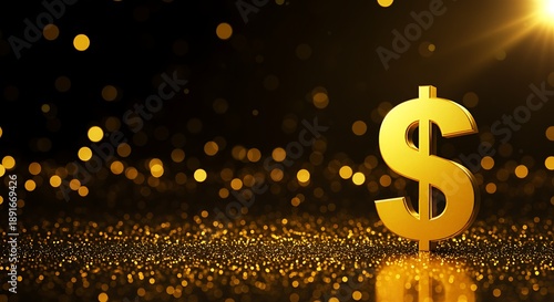 Golden Dollar Sign Bokeh Glitter Luxury Finance Success 3D Render