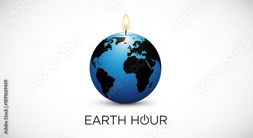 Earth hour concept globe with flickering candle flame on white background