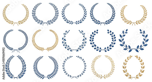 Collection of laurel wreaths in gold and blue tones arranged in a grid