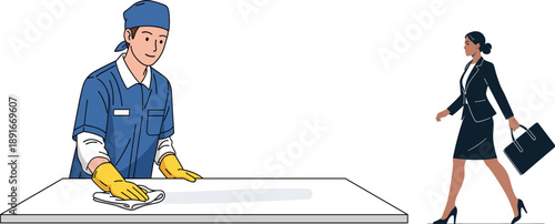 Occupational roles, cleaning service, business professional, workplace contrast, janitor uniform, formal attire, career diversity, job routine, work environment, employee lifestyle, social roles