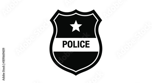 Black police badge with a white star and the word police displayed