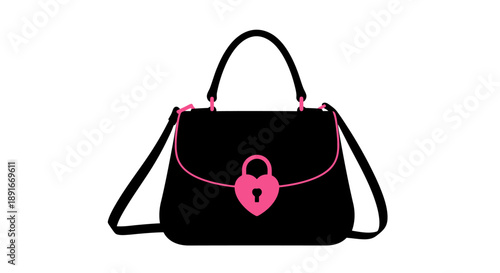 A simple black handbag with a pink lock and straps illustration