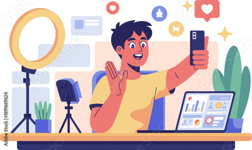 Content creator streaming, social media engagement, ring light setup, microphone tripod, laptop analytics, influencer desk, digital interaction, online audience, modern workspace, creative tools