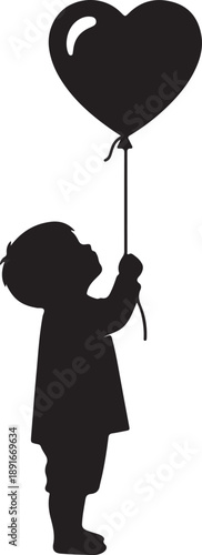 Silhouette of a child holding a heart-shaped balloon, symbolizing innocence and love, captured in a simple black and white graphic