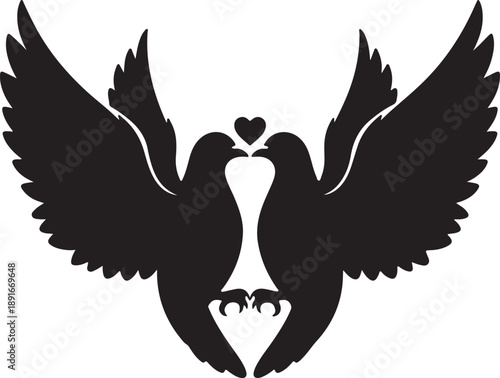 Silhouettes of two doves kissing with a heart above, representing love and peace, perfect for wedding or romantic themes