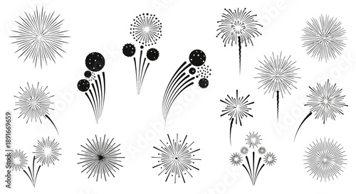 Black and white illustration of various dandelion seed heads and stems