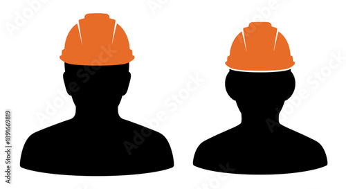 Two orange hard hats atop silhouetted figures representing workers