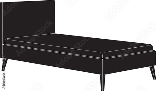 Black rectangular bed frame with four legs and a headboard also transparent background
