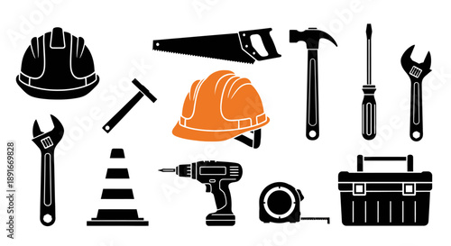Construction tools and safety equipment arranged in a flat graphic style